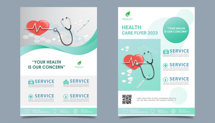 Health Care flyer brochure template design, fmedical healthcare flyer template white background for text, space for picture and blue wavy lines decoration. vector illustration 