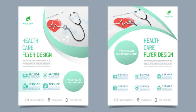 Health Care flyer brochure template design, fmedical healthcare flyer template white background for text, space for picture and blue wavy lines decoration. vector illustration 