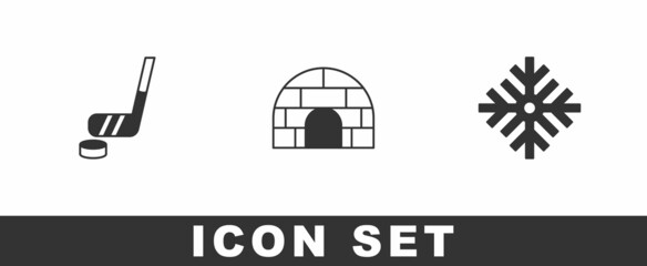 Set Ice hockey stick and puck, Igloo ice house and Snowflake icon. Vector