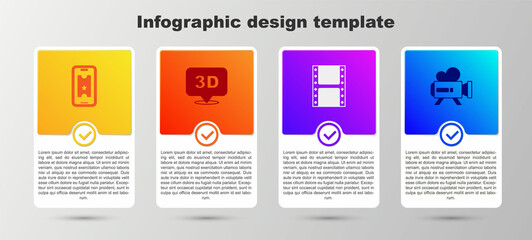 Set Buy cinema ticket online, 3D word, Play video and Retro camera. Business infographic template. Vector