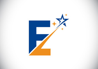 Initial E monogram letter alphabet with swoosh and star logo icon. Abstract star logo sign symbol design. Modern vector logo for business and company identity.