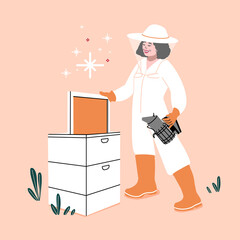 Beekeeper holding hive. Beekeeper with smoker and honeycomb.  female honey maker save the bees.  bee colony home. Agriculture work Outdoors.