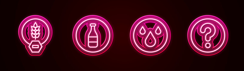 Set line Gluten free grain, Bottle, Water drop and Unknown search. Glowing neon icon. Vector