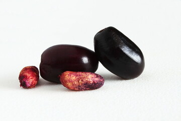 fresh jambolan plum, jamun,java plum,black jamun,syzygium cumini or jambhul fruit with seeds in white background