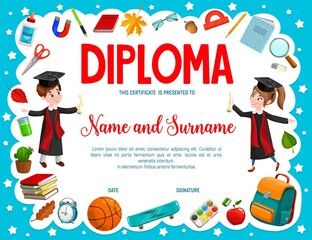 Fototapeta Education diploma with cartoon boy and girl pupils or students, school and sport items. Vector certificate with kids wear alumnus gown and caps holding scrolls. Graduation or award frame template obraz