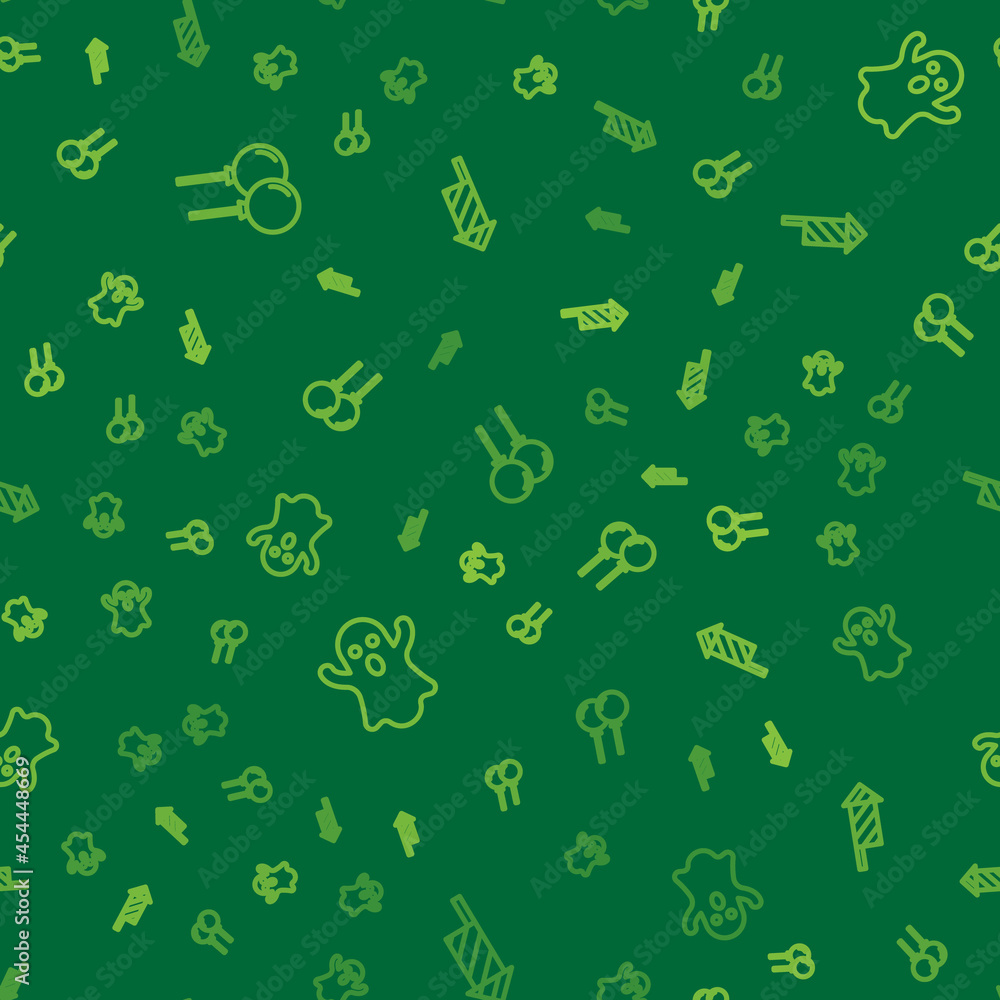Poster set line balloons with ribbon, ghost and firework rocket on seamless pattern. vector