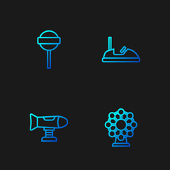 Set line Ferris wheel, Swing plane, Lollipop and Bumper car. Gradient color icons. Vector