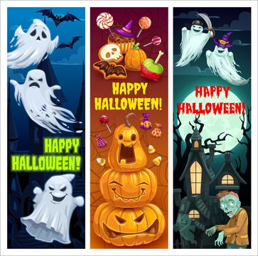 Happy Halloween cartoon vector banners. Ghosts in witch in purple hat holding sword , Jack-o-lantern pumpkins and spooky zombie at haunted creepy castle or cemetery at night. Trick or treat sweets