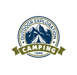 Mountain camping icon with tourist tent and camp flag, mountain range, peaks and river nature landscape. Outdoor adventure isolated round vector icon with ribbon, travel, tourism or scout club