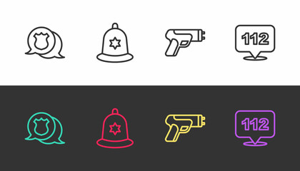 Set line Police badge, British police helmet, electric shocker and Telephone call 112 on black and white. Vector