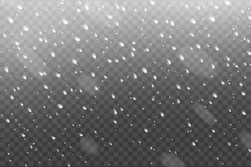 Realistic falling snow on transparent background, winter Christmas snowfall or snowstorm. Isolated vector snowflakes, Xmas white snowfall abstract texture, new year wintertime season precipitation