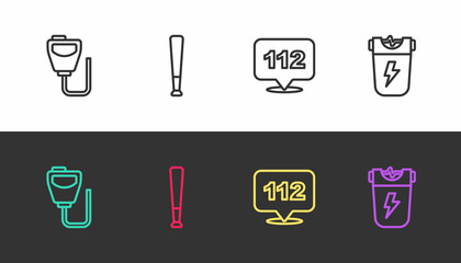 Set line Walkie talkie, Baseball bat, Telephone call 112 and Police electric shocker on black and white. Vector