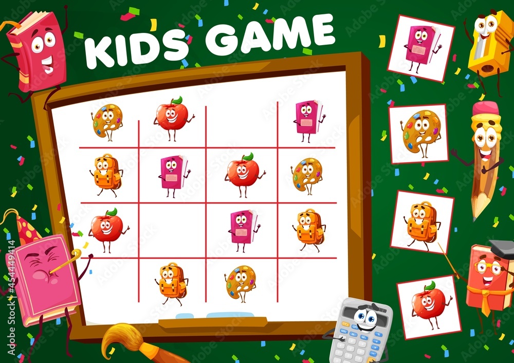 Poster Sudoku game with school stationery cartoon characters. Kids vector riddle worksheet with funny apple, palette, backpack and textbook personages on chequered board. Educational task, child boardgame