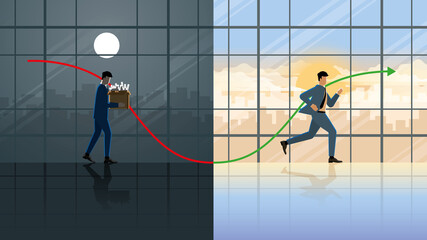 The life cycle of a business has a red down and growth up green graph. Loss profit businessman sad at night, Recover running in the morning. Economic crisis and Business recovery in an overnight.