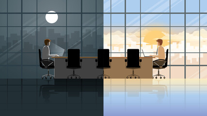 Working all-time in day and night. An employee salaryman working in company workplace meeting conference room. The routine lifestyle of office people city lifestyle. Working hard, overtime, overwork. 