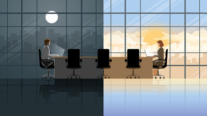 Long distance relation of men and women live in different time zone. Working in a day with sunlight and a night with a full moon. Keep in touch via chat by dating application by laptop in office room.