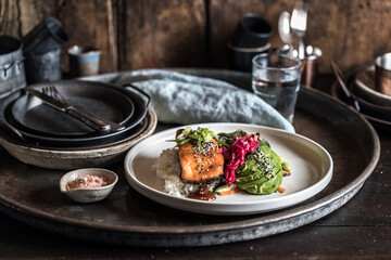 Gourmet Cafe Grilled Miso Glazed Crispy Skin Salmon with Pickled Red Cabbage, Rice, Avocado & Edamame Beans