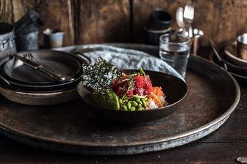 Gourmet Cafe Raw Tuna Asian Salad with Seaweed, Vegetables & Rice