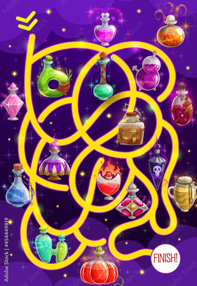 Poster Kids maze game with potion bottles, vector labyrinth puzzle find correct way board game. Task with tangled path and cartoon magic flasks. Educational children boardgame, riddle for preschool activity