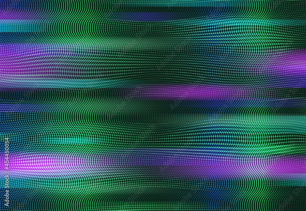 Leinwandbilder Old TV glitch noise screen rainbow background. Broken TV effect, video file error problem and and display fail vector backdrop with RGB pixels grid, green and violet lines wave, distortion effect
