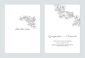 Fototapeta na wymiar Floral wedding invitation card template, line art flowers on white