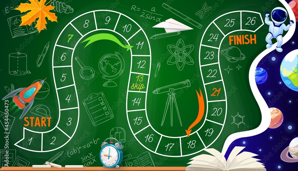Poster kids board game with space planets, astronaut, rocket and school education items with autumn leaves.