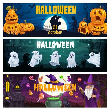 Halloween cartoon vector banners. Magician in purple dress holding wand, Jack-o-lantern pumpkins and spooky ghosts on cemetery, haunted creepy castle at night. Trick or treat sweets Halloween party