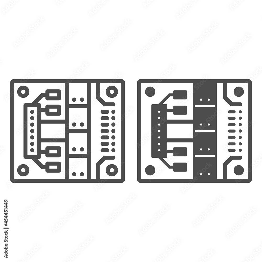 Poster printed circuit board with mounting slots line and solid icon, electronics concept, pcb vector sign 
