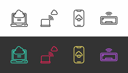 Set line Network cloud connection, Cloud technology data and Computer keyboard on black and white. Vector