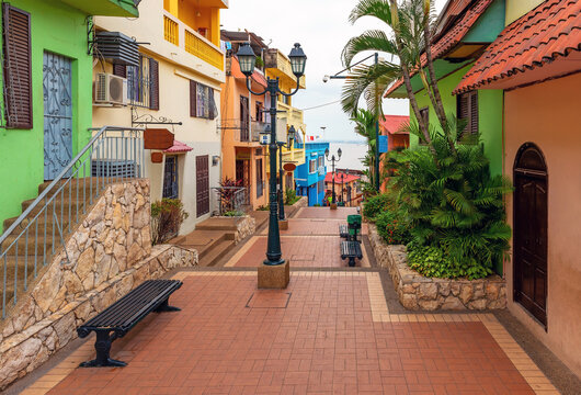 Colonial style architecture with bars and restaurants in Las Penas district of Santa Ana hill, Guayaquil, Ecuador.