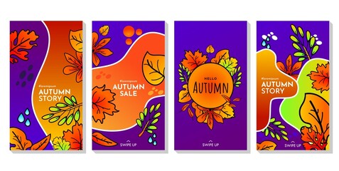 Set of abstract autumn backgrounds for social media stories. Colorful banners with autumn fallen leaves and yellowed foliage. Use for event invitation, discount voucher, advertising.