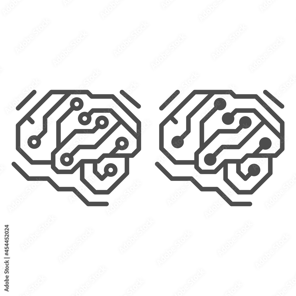 Poster fragment of analog circuit in the form of a brainline and solid icon, electronics concept, pcb vecto
