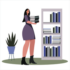 Vector illustration of bookstore, library, bookshelf with girl and books. Flat design. 