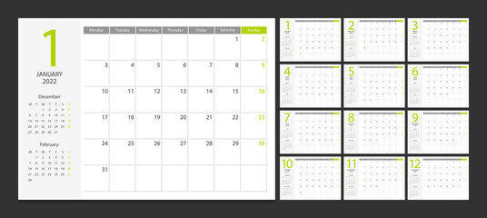 Calendar 2022 week start Monday corporate design planner template.