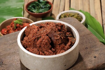Rendang or Randang is The Most Delicious Food in the World. Made from Beef Stew and Coconut Milk with Various Herbs and Sice. Typically food from Minang Tribe, West Sumatera, Indonesia