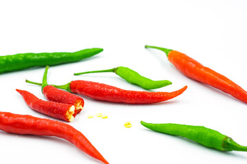 red and green chili on white background, pepper, paprika
