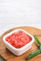 Boiled Sagu Mutiara or Sagoo Pearl, Ingredients Making Bubur Sagu Mutiara, Es Buah (Fruit Ice) for Takjil Ramadan Breaking The Fast