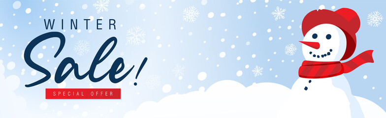 Winter sale Offer web banner. Red, white and light blue template to use in your design. Horizontal composition with snowman. Copy space.