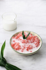 ubur Pacar Cina or Bubur Sagu Mutiara, Indonesian Traditional Dessert Made from Boiled Sagoo or...