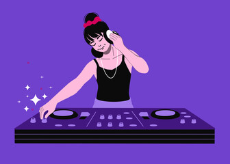 DJ with mixer live show.  female DJ mixing music club party.  Audio mixer song arrangement DJ with headphones making beats.