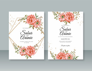 Beautiful wedding invitation template with geometric border and watercolor painting