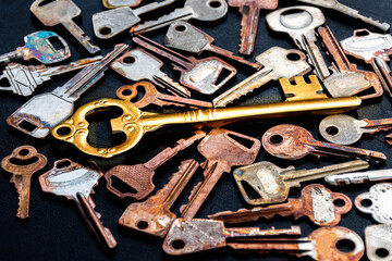 Golden master key in the center of the image. with pattern many keys on black floor