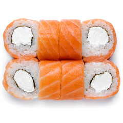 Sushi rolls california set with salmon, cheese isolated at white background. Japanese food delivery sushi set .