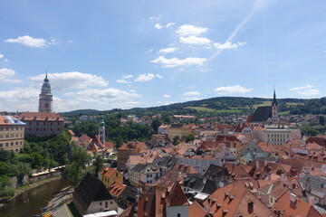 Town view with red roofs during summer in Český Krumlov (Cesky Krumlov), a town in the South Bohemian Region, Czech Republic, a UNESCO World Heritage Site, Gothic, Renaissance, Baro