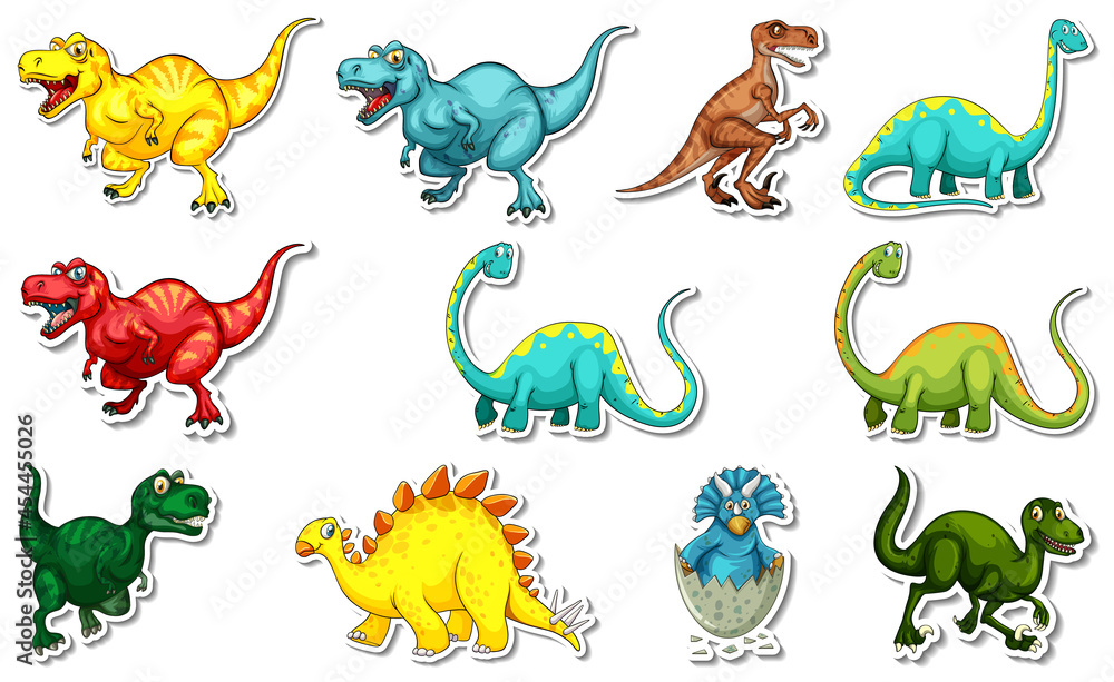 Wall mural sticker set with different types of dinosaurs cartoon characters