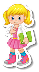 Sticker template with a girl cartoon character isolated