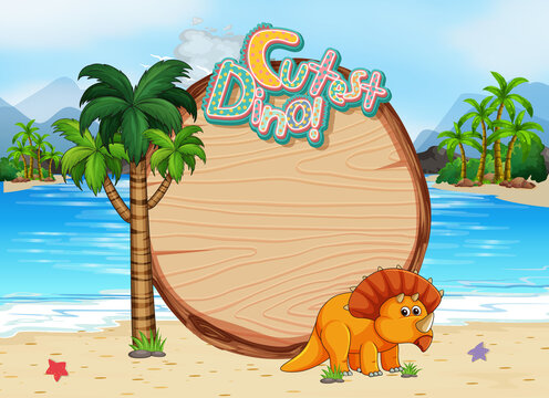 Beach scene with empty board template and cute dinosaur cartoon character