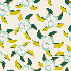 Cream with whimsical blue, white flower elements with their green and lime leaves seamless pattern background design.