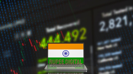 The rupee digital and India flag on notebook for technology  and business concept 3d rendering.