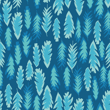 Blue with light blue leaf like shapes seamless pattern background design. © Jimena